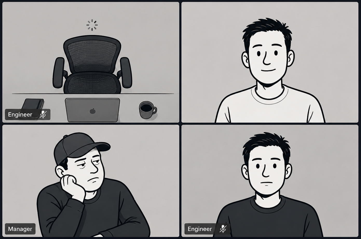 A four-person video call grid. The hiring manager looks bored in one tile. One engineer attends with camera on. Another engineer's tile shows an empty chair, briefly away to refill water. The top-right tile is me, joining the room.